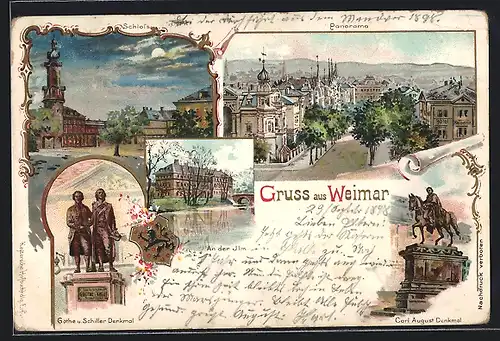 Lithographie Weimar, an der Ilm, Schloss, Panorama, Carl August Denkmal, Göthe u. Schiller Denkmal