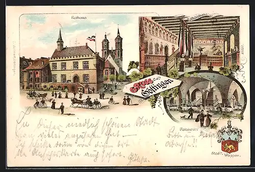 Lithographie Göttingen, Ortsansicht mit Rathaus und Ratskeller