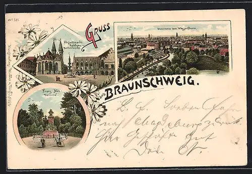 Lithographie Braunschweig, Franz Abt-Denkmal, Altstadtmarkt mit Rathaus und Martinikirche