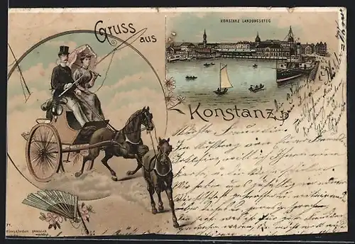 Lithographie Konstanz, Dampfer am Landungssteg, Kutschfahrt