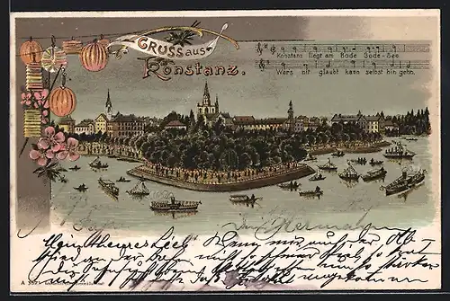 Lithographie Konstanz, Ortsansicht vom See aus mit Dampfschiffen