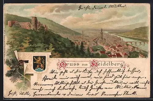 Lithographie Heidelberg, Teilansicht mit Burg