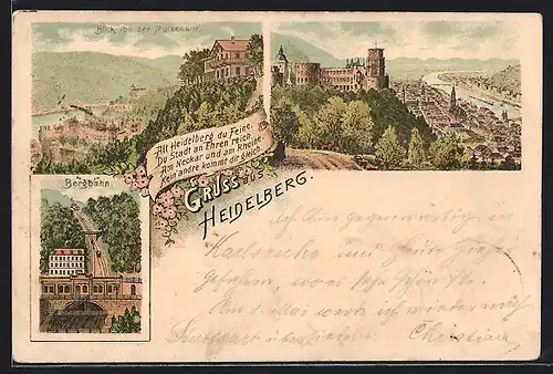 Lithographie Heidelberg, Blick von der Molkenkur, Bergbahn, Ortsansicht