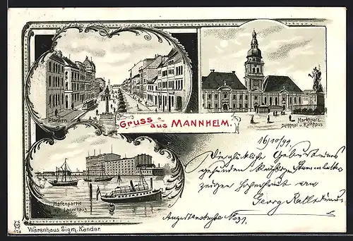 Lithographie Mannheim, Marktplatz, Rathaus und hafenpartie mit Lagerhaus