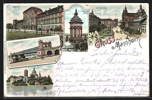 Lithographie Mannheim, Schillerplatz, Schloss, Wasserturm
