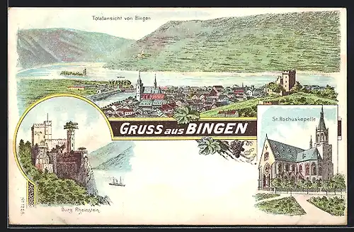 Lithographie Bingen, Totalansicht, Burg Rheinstein, St. Rochuskapelle