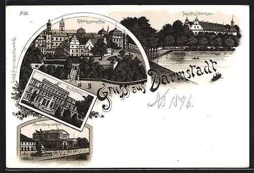 Lithographie Darmstadt, Grhzl. Residenzschloss, Jagdschloss Kranichstein, Grosshzgl. Palais, Theater & Kriegerdenkmal