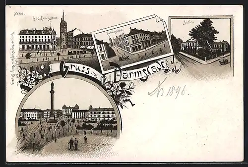Lithographie Darmstadt, Ernst Ludwigplatz, Louisenplatz, Saalbau