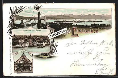 Lithographie Lindau i. B., Teilansicht vom See gesehen, Hafeneinfahrt, Rathaus