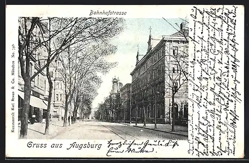 AK Augsburg, Bahnhofstrasse mit leuchtenden Fenstern