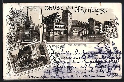 Lithographie Nürnberg, Gasthaus Bratwurstglöcklein u. Moritzkapelle, Am Henkersteg