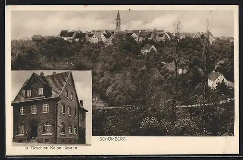 AK Schömberg, Kolonialwaren A. Deschler, Ortsansicht