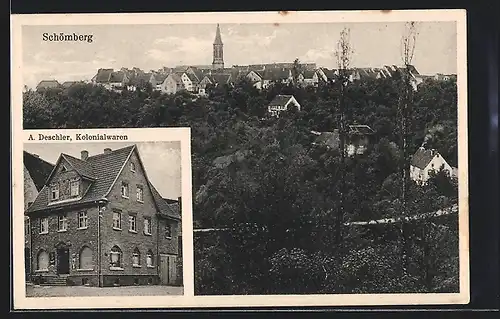 AK Schömberg, Kolonialwaren A. Deschler, Ortsansicht