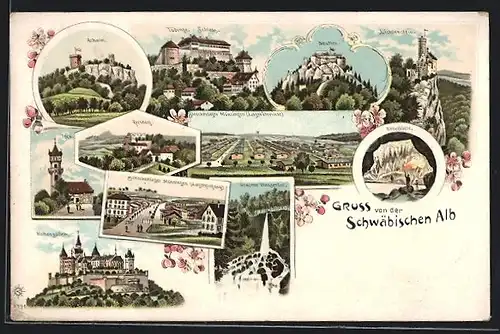 Lithographie Tübingen, Schloss, Nebelhöhle, Uracher Wasserfall