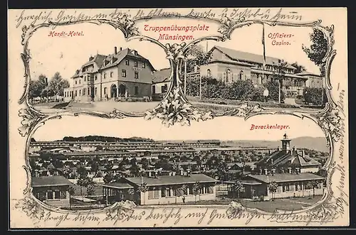 Lithographie Münsingen, Truppenübungsplatz, Hardt-Hotel, Offizierscasino, Barackenlager