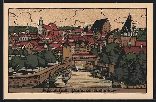 Steindruck-AK Schwäbisch Hall, Partie am Sulfersteg
