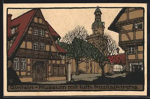 Steindruck-AK Rinteln, Museum mit luth. Nicolaikirche