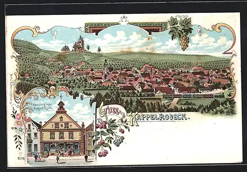 Lithographie Kappelrodeck, Handlung v. August Roth, Ortsansicht mit Dampfzug
