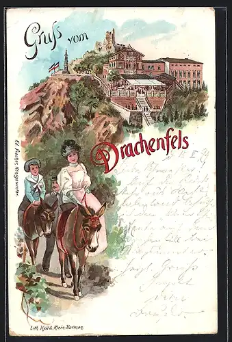 Lithographie Königswinter, Eselsritt zum Restaurant auf dem Drachenfels