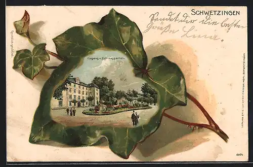 Passepartout-Lithographie Schwetzingen, Eingang zum Schlossgarten, Ansicht auf Efeublatt