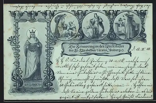 Lithographie Neuburg a. D., Zur Erinnerung an den Glückshafen des St. Elisabethen-Vereins, Heilige St. Elisabeth