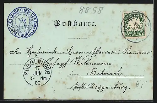 Lithographie Neuburg a. D., Zur Erinnerung an den Glückshafen des St. Elisabethen-Vereins, Heilige St. Elisabeth