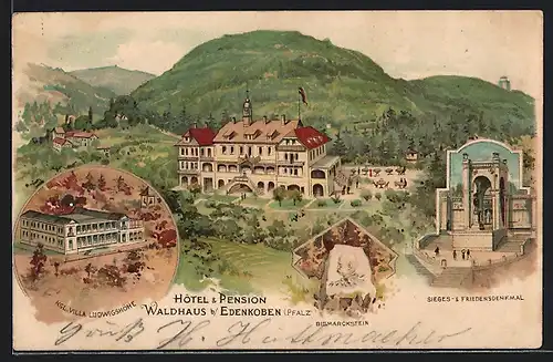 Lithographie Edenkoben /Pfalz, Hotel & Pension Waldhaus, Kgl. Villa Ludwigshöhe, Sieges-und Friedensdenkmal