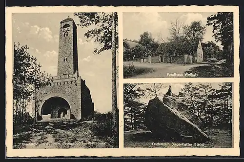 AK Bad Dürkheim, Gaststätte Forsthaus Weiland, Teufelstein, Bismarckturm auf dem Peterskopf