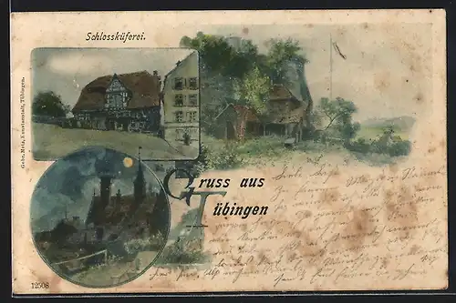 Mondschein-Lithographie Tübingen, Ortspartie im Vollmondlicht, Schlossküferei