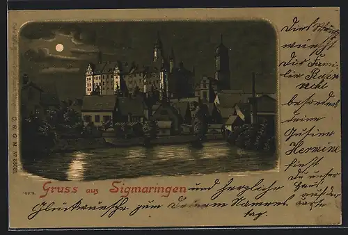 Lithographie Sigmaringen, Teilansicht mit Kirche vom Wasser aus