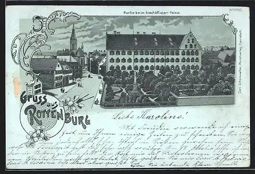 Lithographie Rottenburg, Partie beim bischöflichen Palais, Strassenpartie