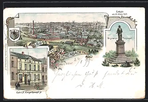 Lithographie Reichenbach i. V., Cafe C. F. Engelhaupt jr., Bismarck-Denkmal, Stadtansicht