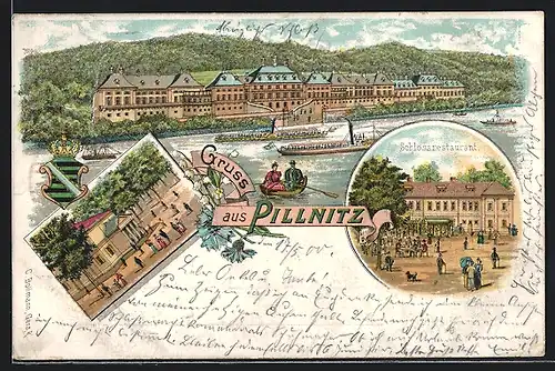 Lithographie Pillnitz / Dresden, Schlossrestaurant & Schloss, Wache, Elbe, Dampfer