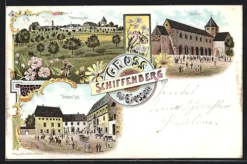 Lithographie Schiffenberg, Burg Schiffenberg, Kapelle, Innerer Hof