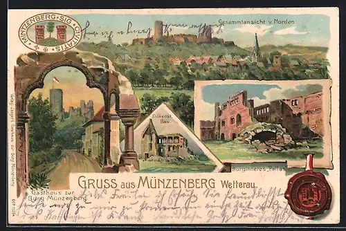 Lithographie Münzenberg, Gesamtansicht, Falkener Bau, Gasthaus zur Burg Münzenberg