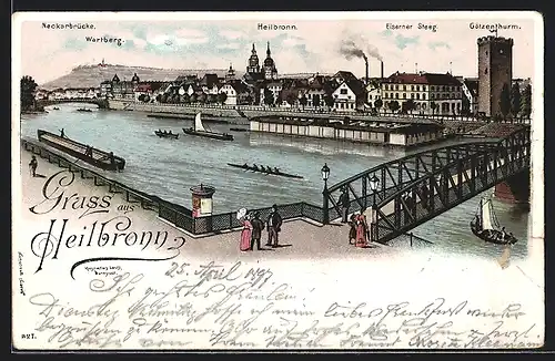 Lithographie Heilbronn, Stadtpanorama mit Götzenthurm und Eiserner Steg