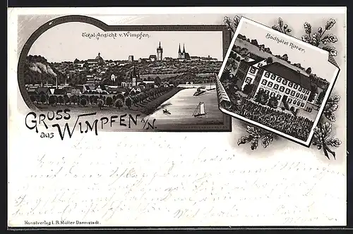 Lithographie Wimpfen a. N., Badhotel Ritter, Totalansicht der Stadt