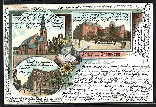 Lithographie Göppingen, Katholische Kirche, Realschule und Synagoge