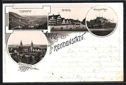 Lithographie Freudenstadt, Evangelische Kirche, Marktplatz und Schwarzwald-Hotel