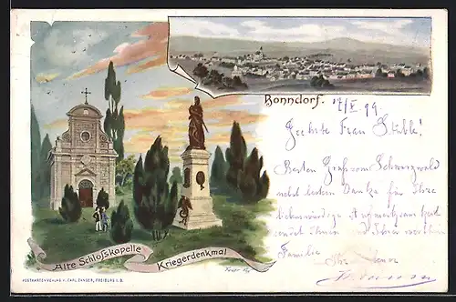 Lithographie Bonndorf, Alte Schlosskapelle, Kriegerdenkmal, Panorama