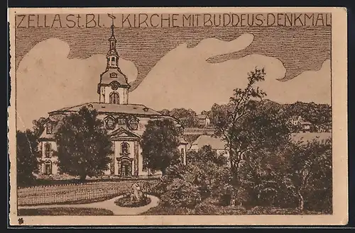Künstler-AK Zella, St. Blasii-Kirche mit Buddeus-Denkmal