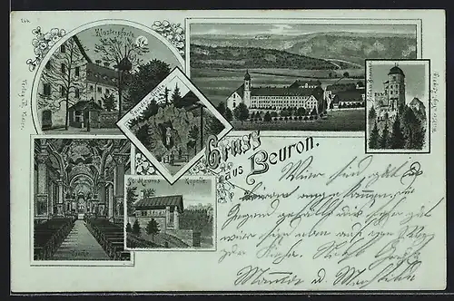 Lithographie Beuron, Klosterpforte, St. Maurus Kapelle, Schloss Bronnen