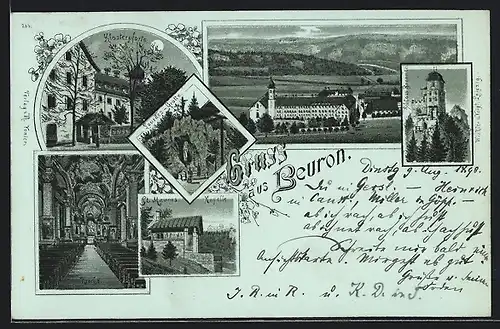 Lithographie Beuron, Klosterpforte, St. Maurus Kapelle, Schloss Bronnen