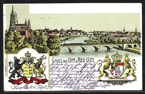 Künstler-AK Neu-Ulm, Teilansicht mit Brücke und Wappen