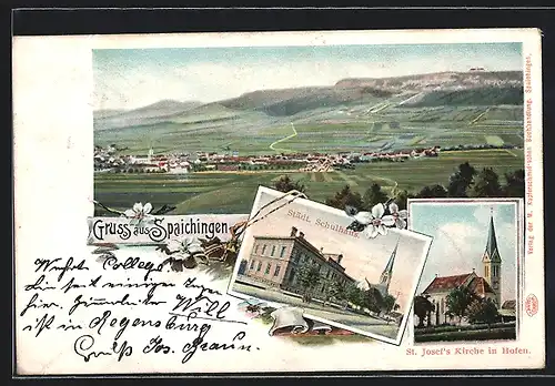 Lithographie Spaichingen, Städtisches Schulhaus, St. Josefs Kirche in Hofen, Panorama um 1900
