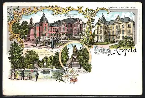 Lithographie Crefeld, Rathaus am Westwall, Landrathsamt