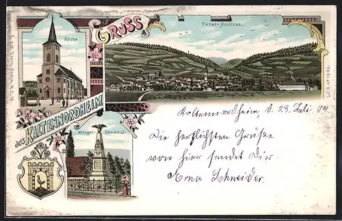 Lithographie Kaltennordheim, Kirche, Kriegerdenkmal, Wappen, Panorama