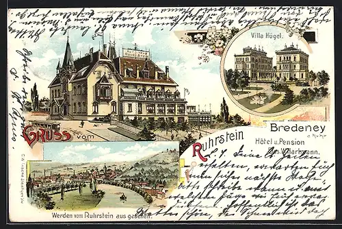 Lithographie Bredeney, Kurhaus Ruhrstein, Strassenbahn, Villa Hügel, Werden vom Ruhrstein aus gesehen um 1900