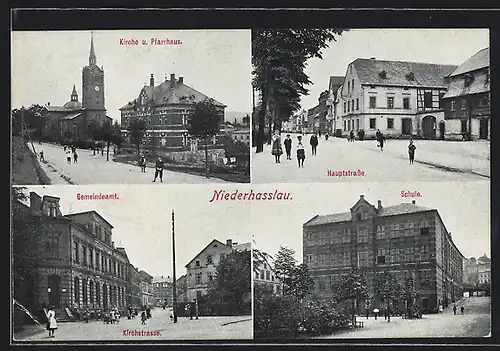 AK Niederhasslau, Kirchstrasse, Hauptstrasse, Schule, Gemeindeamt