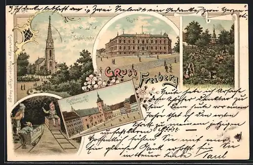 Lithographie Freiberg, Post, Rathaus mit Obermarkt, Jakobikirche